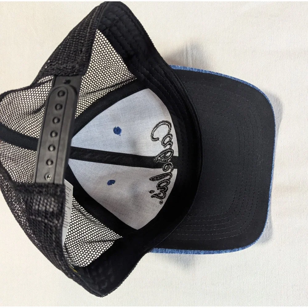 Cabelas Hat Mens OSFM Blue Heathered Black Mesh Snapback Trucker Cap Script Logo